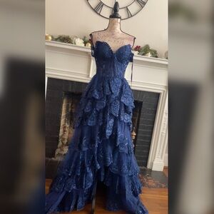 Navy blue a line ball gown tiered ruffle sparkly bustier corset prom dress